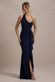 Lucena Navy Cowl-Neck Wrap Maxi Dress With Floral Drape