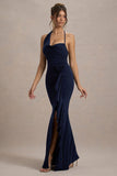 Lucena Navy Cowl-Neck Wrap Maxi Dress With Floral Drape
