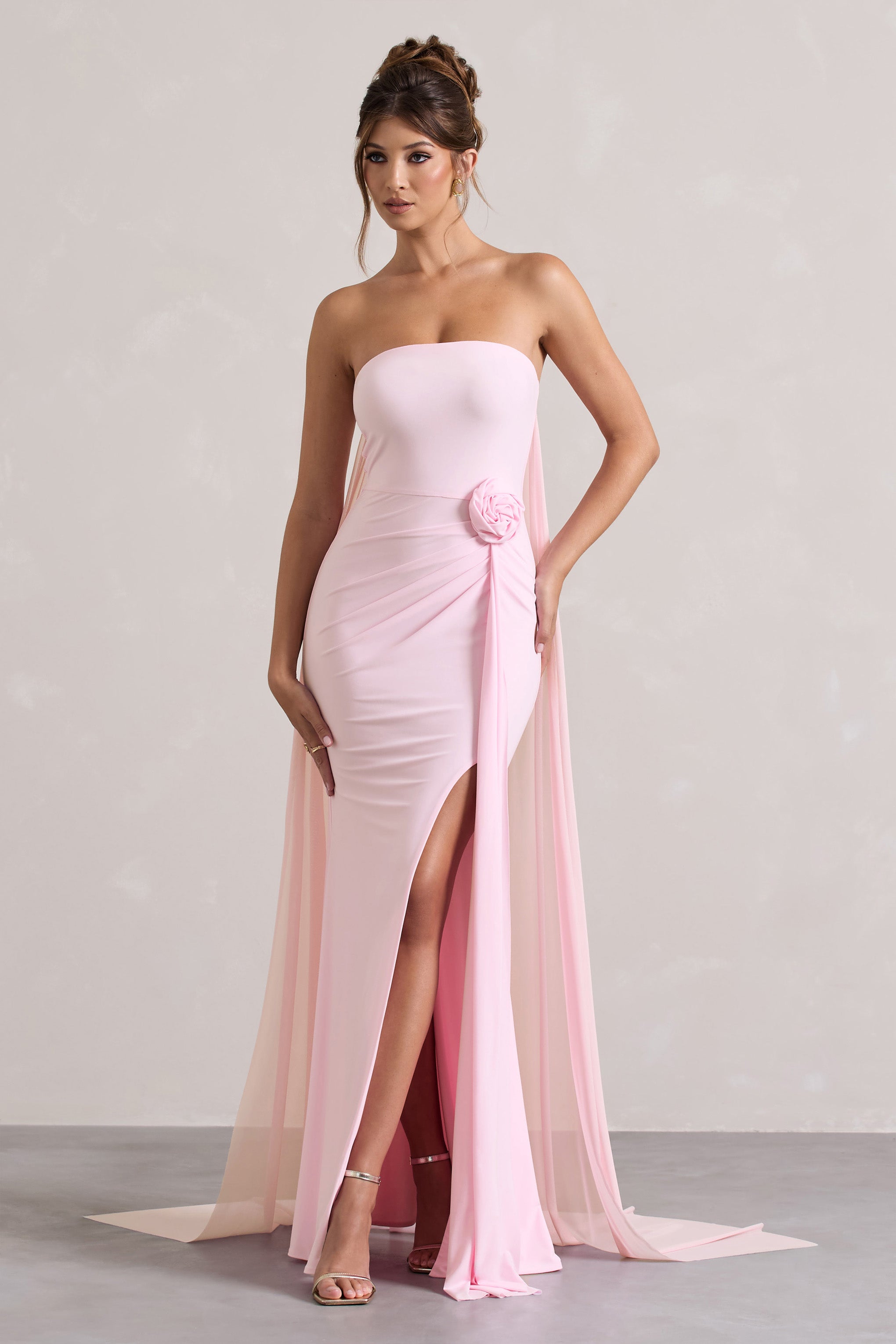 More To Come Pink Strapless Wrap Cape Maxi Dress With Corsage