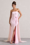 More To Come Pink Strapless Wrap Cape Maxi Dress With Corsage