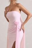 More To Come Pink Strapless Wrap Cape Maxi Dress With Corsage