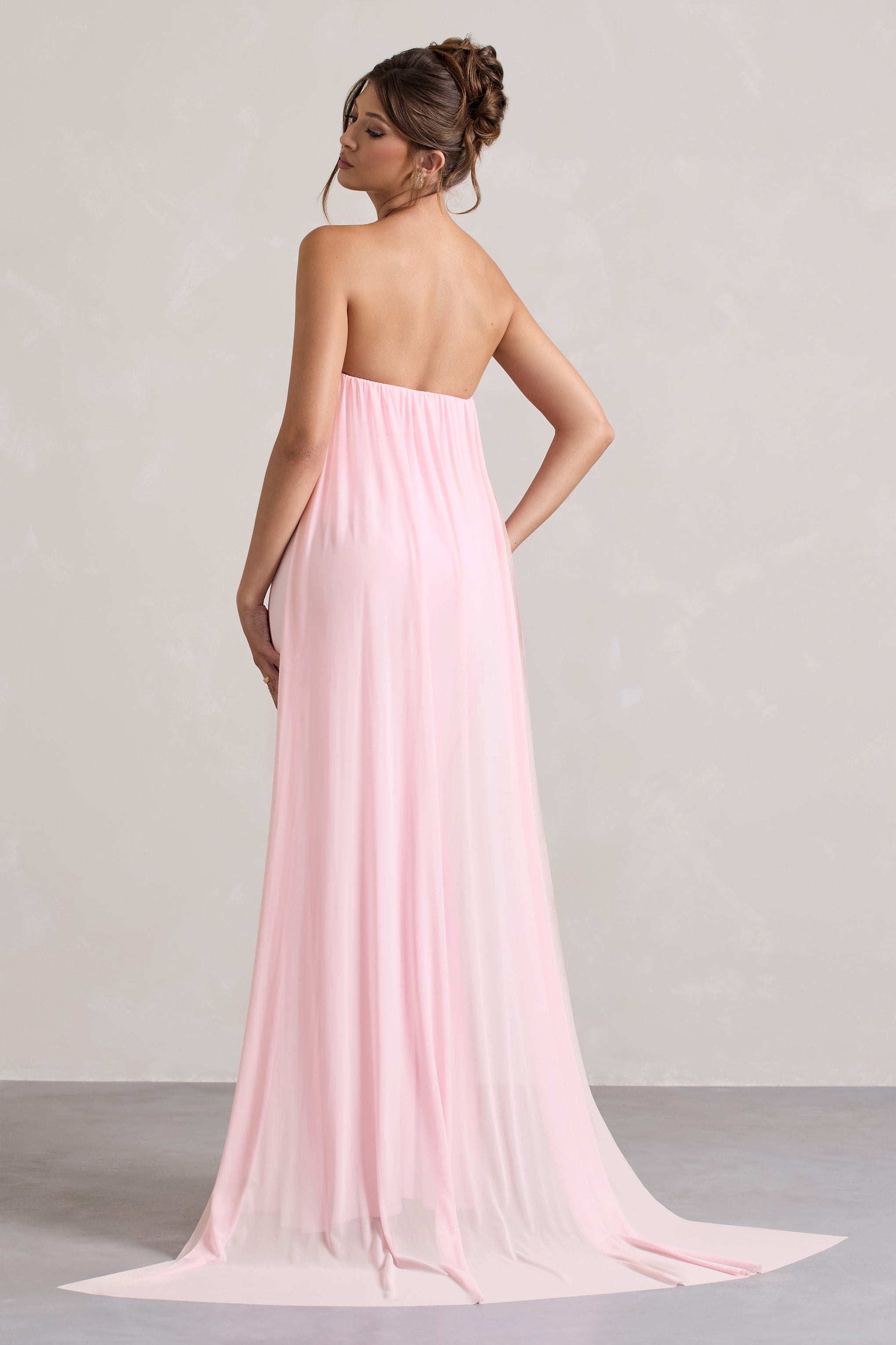 More To Come Pink Strapless Wrap Cape Maxi Dress With Corsage