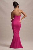 Best Of The Best Dark Pink Strapless Fishtail Maxi Dress With Corsages