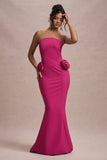 Best Of The Best Dark Pink Strapless Fishtail Maxi Dress With Corsages