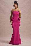 Best Of The Best Dark Pink Strapless Fishtail Maxi Dress With Corsages