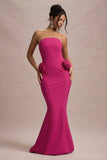 Best Of The Best Dark Pink Strapless Fishtail Maxi Dress With Corsages