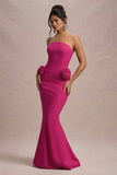 Best Of The Best Dark Pink Strapless Fishtail Maxi Dress With Corsages