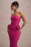 Best Of The Best Dark Pink Strapless Fishtail Maxi Dress With Corsages