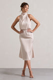 Geena Champagne Satin Twisted High-Neck Midi Dress