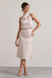 Geena Champagne Satin Twisted High-Neck Midi Dress