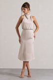 Geena Champagne Satin Twisted High-Neck Midi Dress