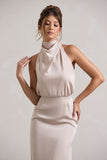 Geena Champagne Satin Twisted High-Neck Midi Dress