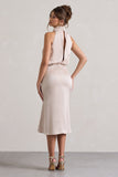 Geena Champagne Satin Twisted High-Neck Midi Dress