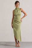 Sophina Light Olive Satin Cowl-Neck Asymmetric Midi Dress