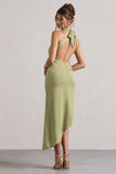 Sophina Light Olive Satin Cowl-Neck Asymmetric Midi Dress