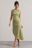 Sophina Light Olive Satin Cowl-Neck Asymmetric Midi Dress