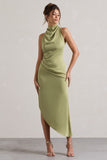 Sophina Light Olive Satin Cowl-Neck Asymmetric Midi Dress