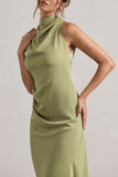 Sophina Light Olive Satin Cowl-Neck Asymmetric Midi Dress