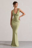 Alesso Light Olive Satin Cowl-Neck Maxi Dress