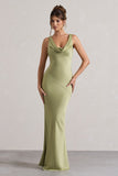Alesso Light Olive Satin Cowl-Neck Maxi Dress