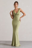 Alesso Light Olive Satin Cowl-Neck Maxi Dress