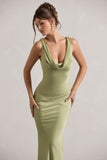 Alesso Light Olive Satin Cowl-Neck Maxi Dress