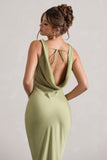 Alesso Light Olive Satin Cowl-Neck Maxi Dress