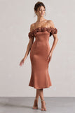 Petunia Rust Satin Floral Bardot Midi Dress