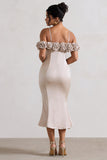 Petunia Champagne Satin Floral Bardot Midi Dress