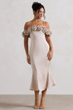 Petunia Champagne Satin Floral Bardot Midi Dress