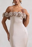 Petunia Champagne Satin Floral Bardot Midi Dress