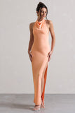 Priero Peach Cowl Halter-Neck Open Back Maxi Dress