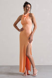 Priero Peach Cowl Halter-Neck Open Back Maxi Dress