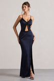 Brescia Navy Satin Cut-Out Maxi Dress With Lace Trim