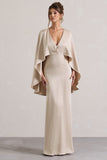 Yasie Champagne Satin Plunge-Neck Maxi Dress With Cape Sleeves