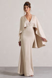 Yasie Champagne Satin Plunge-Neck Maxi Dress With Cape Sleeves