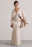 Yasie Champagne Satin Plunge-Neck Maxi Dress With Cape Sleeves