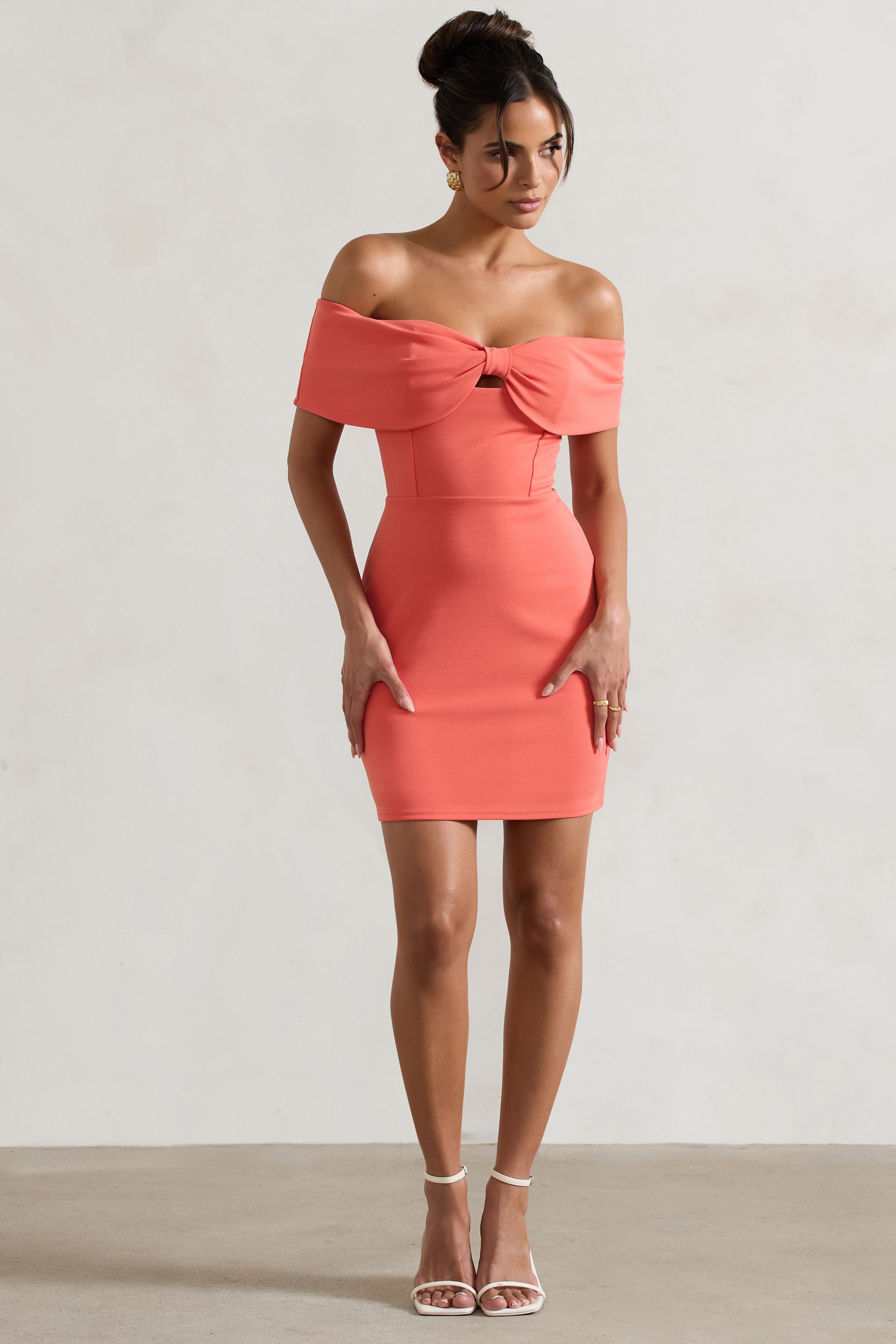 Megan Coral Bow Bardot Mini Dress