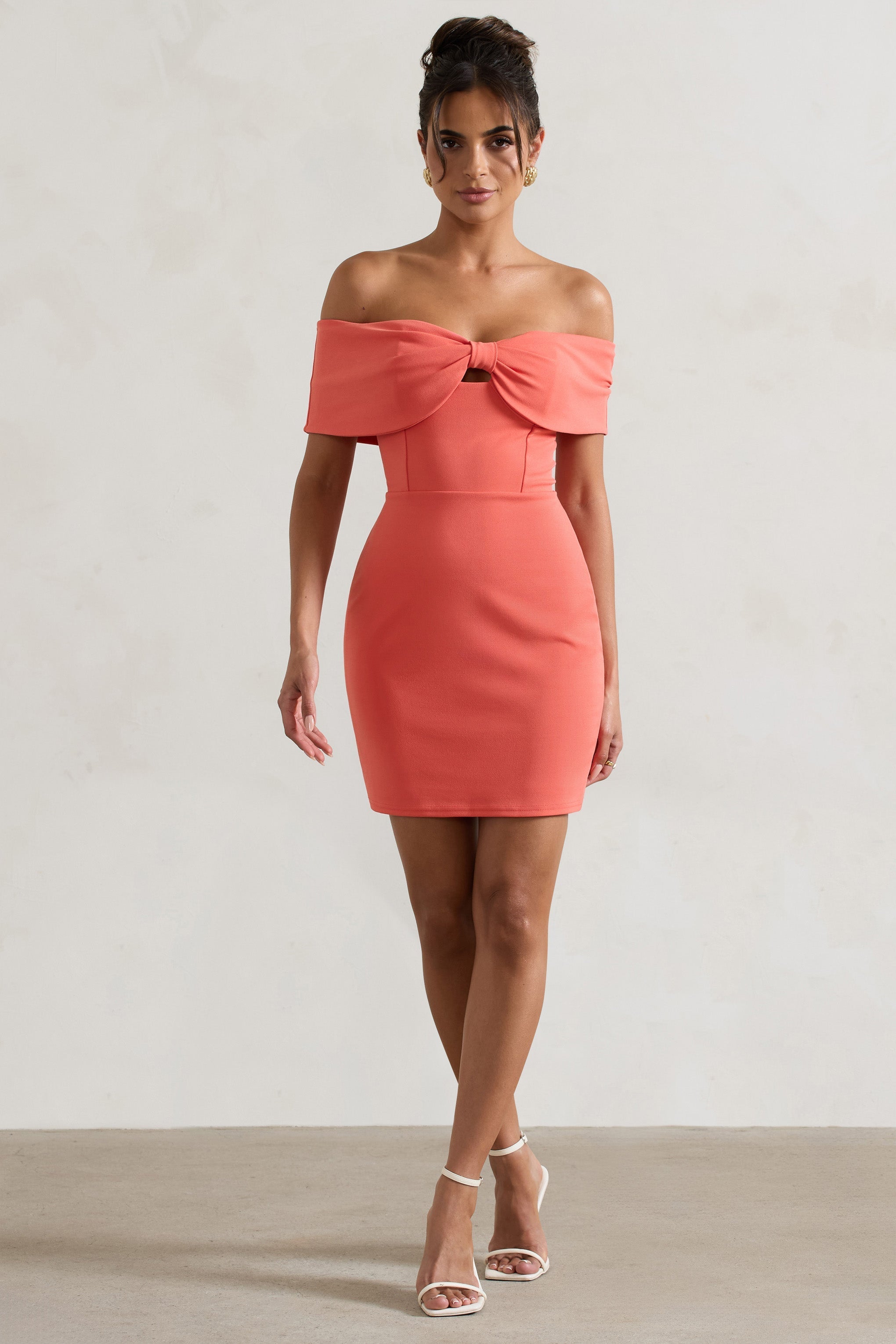 Megan Coral Bow Bardot Mini Dress