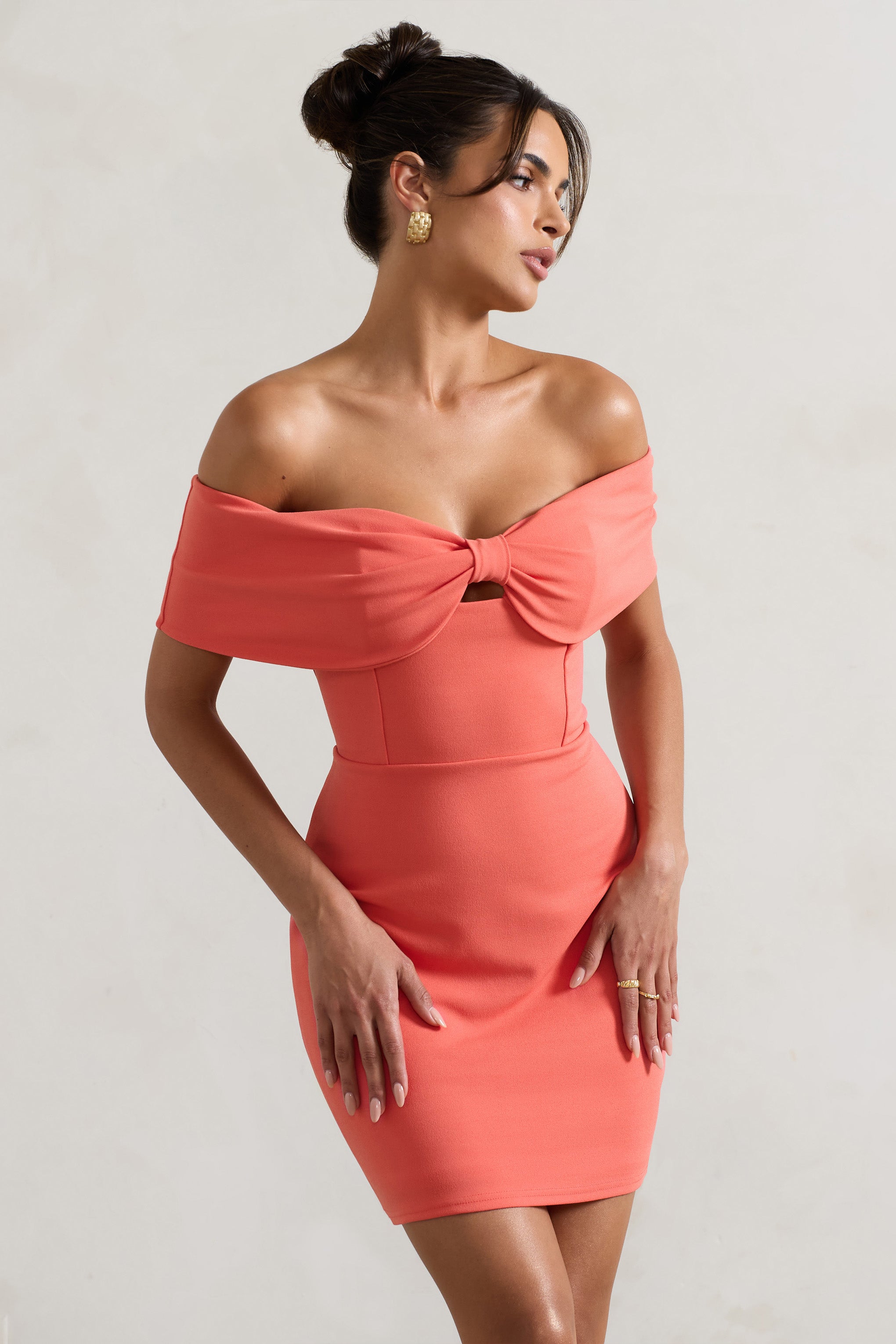 Megan Coral Bow Bardot Mini Dress