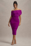 Rayleigh Dark Pink Bardot Ruched Midi Dress