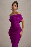 Rayleigh Dark Pink Bardot Ruched Midi Dress