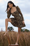 Ombra Leopard Print Square-Neck Long-Sleeve Mini Dress With Ruffle Hem