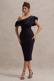 Adrina Navy Draped One Shoulder Midi Dress