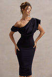 Adrina Navy Draped One Shoulder Midi Dress