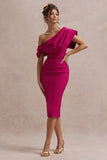 Adrina Dark Pink Draped One Shoulder Midi Dress
