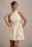 Costa Ecru Jacquard High-Neck Mini Dress With Pleated Skirt