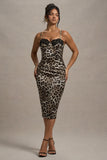 Soprano Leopard Print Satin Sweetheart Lace Trim Midi Dress