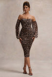 Rica Leopard Print Bardot Puff-Sleeve Midi Dress