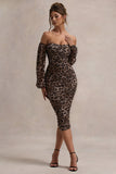 Rica Leopard Print Bardot Puff-Sleeve Midi Dress